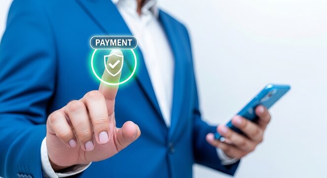 A young South Asian man in a blue suit makes a digital payment with confidence using his smartphone.
