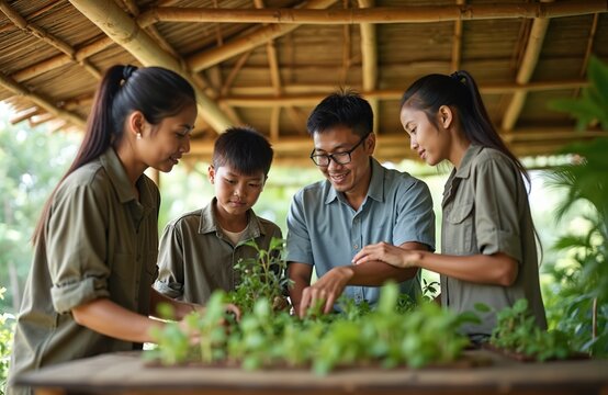 Asian teacher explains botany to young students at outdoor eco class. Children learn about seedlings, plant cultivation together. Group studies agricultural science, organic farming, nature with
