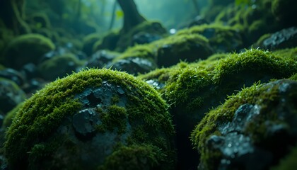 Moss-Covered Rocks in a Misty Forest Landscape