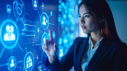 Asian Woman Interacting with Futuristic Social Network Interface, Digital Connections - Powered by Adobe