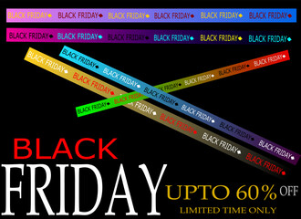 Colorful Black Friday Sale Banner Design with Discount Offer ,ribbons for black Friday sale on black background.