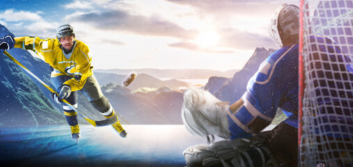 Hockey players in action on the ice. Outdoor game. Sports. Hockey match. A large hockey rink in the middle of an forest. Hockey concept. Panorama