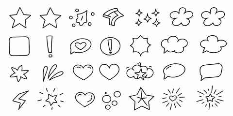 Collection of hand drawn doodle icons including stars hearts clouds speech bubbles and exclamation marks