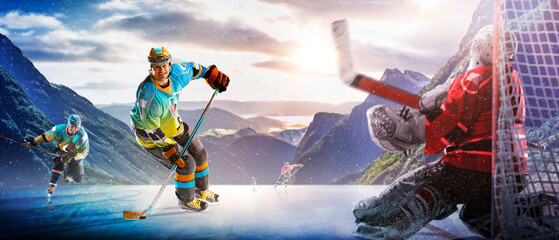 Hockey players in action on the ice. Outdoor game. Sports. Hockey match. A large hockey rink in the middle of an forest. Hockey concept. Panorama