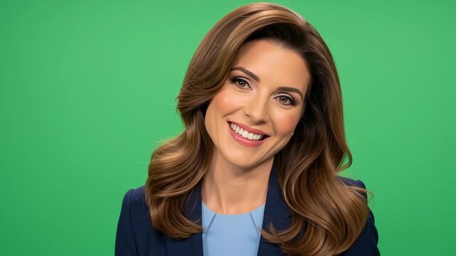 Professional Woman Smiling in Front of Green Screen for Video Production.