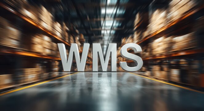 WMS Inscription Over Blurred Warehouse Scene: A Look Into Warehouse Management for Efficient Distribution and Logistics