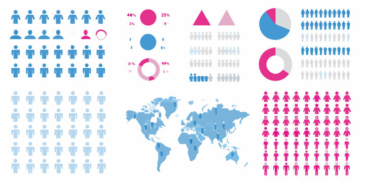 Global demographic data visualization with population icons and charts