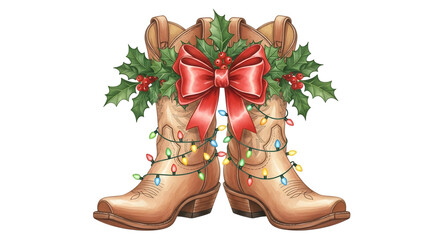 Pair of tan cowboy boots decorated with a red bow, holly leaves, berries, and colorful christmas lights