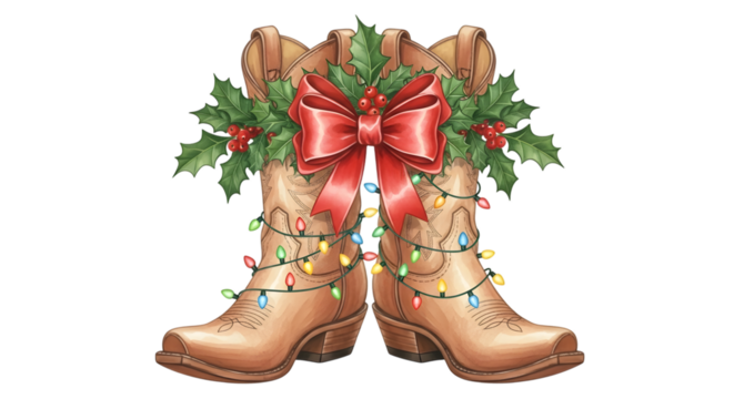 Pair of tan cowboy boots decorated with a red bow, holly leaves, berries, and colorful christmas lights