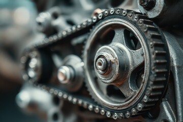 Fototapeta premium Serpentine Belt Mechanism: An Intricate Connection of Engine Gears and Wheels in Automotive Machinery