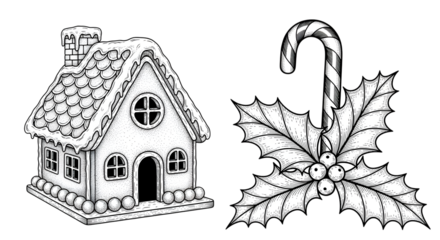 Handdrawn illustration of a gingerbread house covered in snow and a candy cane with holly leaves