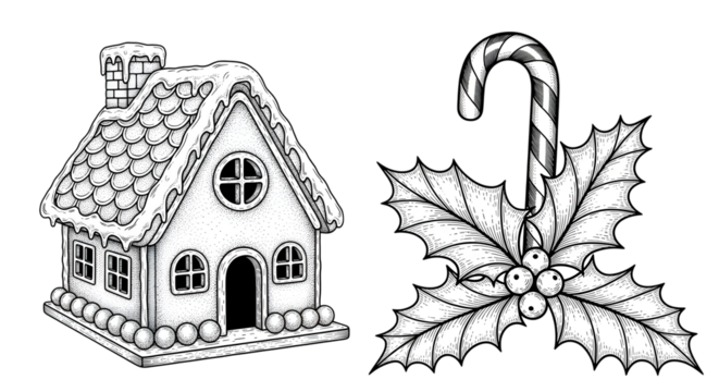 Handdrawn illustration of a gingerbread house covered in snow and a candy cane with holly leaves