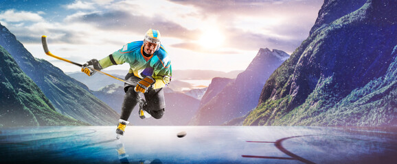 Hockey players in action on the ice. Outdoor game. Sports. Hockey match. A large hockey rink in the middle of an forest. Hockey concept. Panorama