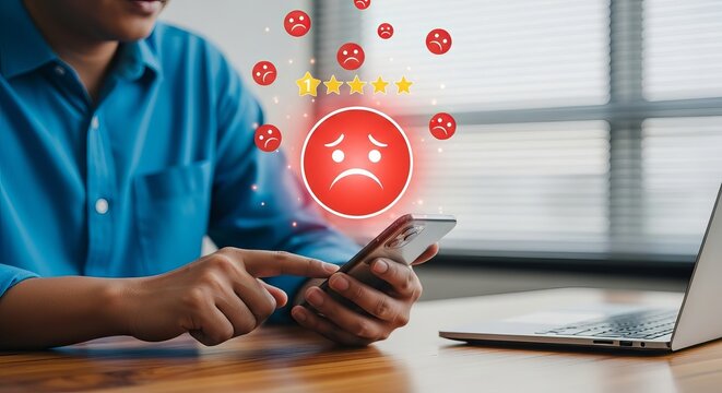 A young Asian man in a blue shirt looks frustrated while checking negative reviews on his smartphone.