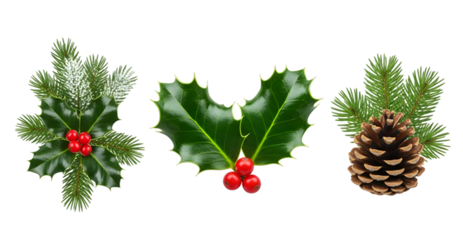 Christmas elements fir branch with red berries, holly leaves with red berries, and a pine cone