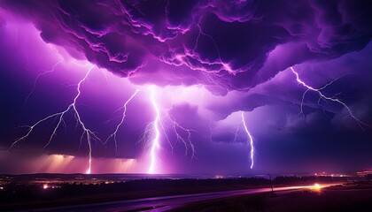 dramatic purple lightning strikes against a stormy sky at night