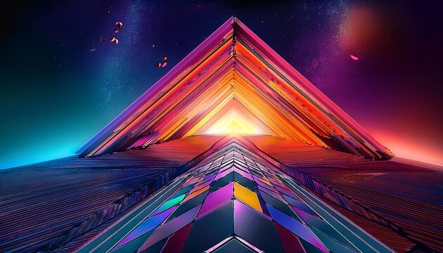 dynamic geometric shapes abstract space 3d artwork vibrant colors low angle visual exploration