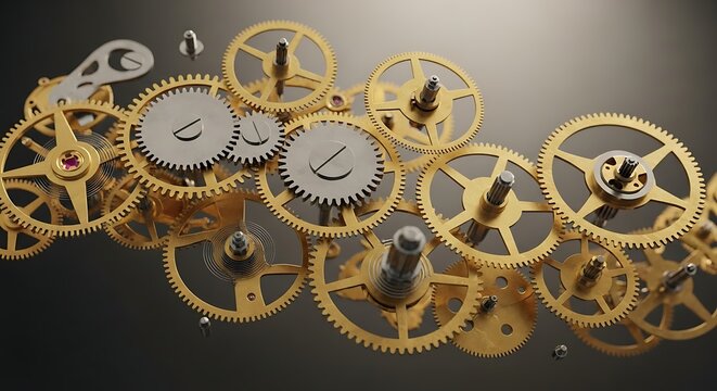 A close up view of numerous gold and silver watch gears arranged together on a dark gray background