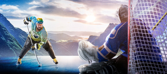 Hockey players in action on the ice. Outdoor game. Sports. Hockey match. A large hockey rink in the middle of an forest. Hockey concept. Panorama