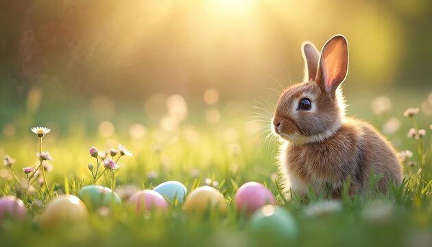 Cute brown bunny sits near pastel Easter eggs and wildflowers in grass. Golden hour light creates a peaceful spring meadow scene with soft bokeh.