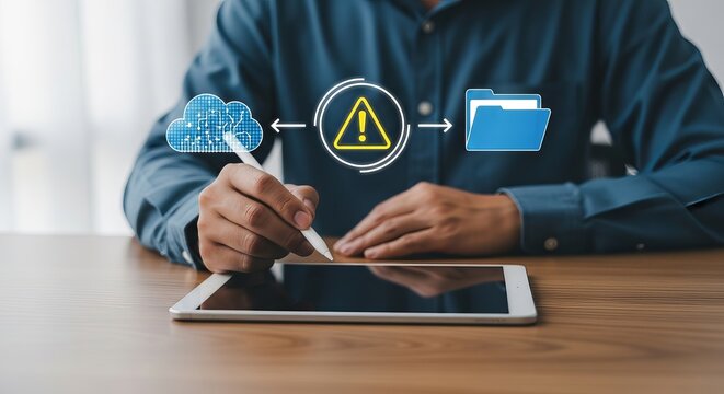 A young Asian man using a tablet to manage cloud data with a warning alert symbol, showcasing modern technology in action. - Powered by Adobe
