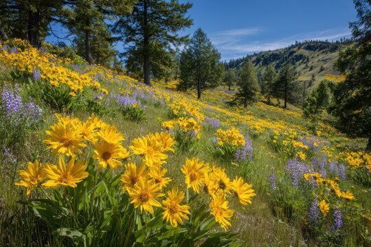 Vibrant Rolling Meadow of Wildflowers: Arrowleaf Balsamroot and Lupine in Bloom