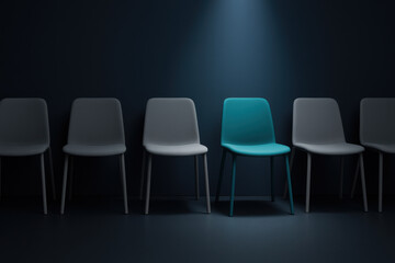 Single teal chair under spotlight, powerful hiring and recruitment concept. This standout vacant seat represents different, best candidate in clean corporate style