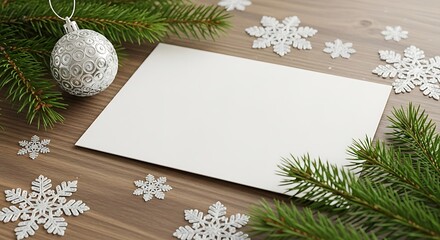 A blank card sits surrounded by Christmas decorations and snowflakes on a wooden table.