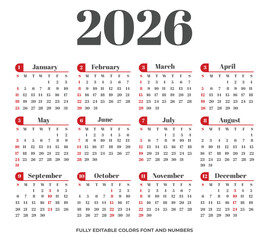 Elegant minimal 2026 year calendar design in English with Sunday as the first weekday