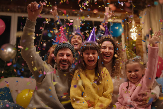 Family Celebrating the New Year 2026 with excitement and laughter while tossing colorful confetti in joyful indoor party atmosphere