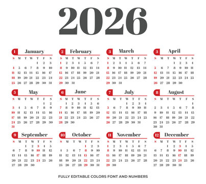 Elegant minimal 2026 year calendar design in English with Sunday as the first weekday