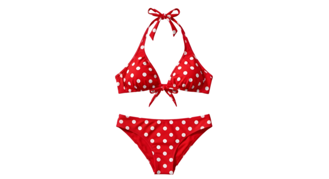 Red and White Polka Dot Bikini Set with Bows on White Background (15 isolated on a transparent background
