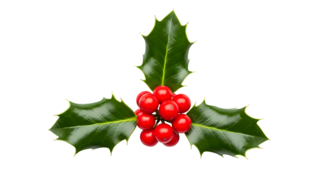 A single sprig of holly with bright red berries and dark green spiky leaves, isolated on a transparent background