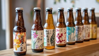 Colorful japanese craft beer bottles resting on wooden shelf