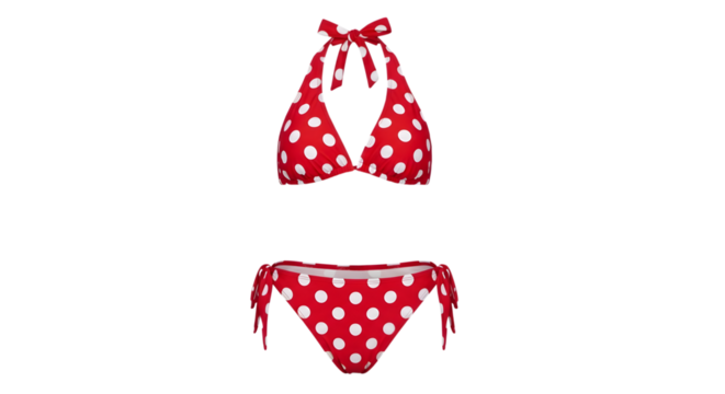 Red and White Polka Dot Bikini Set with Ties on White Background graphic design isolated on a transparent background