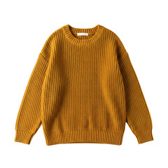 Obraz premium Top view of single casual yellow brown ribbed knit traditional sweater with long sleeves made of cozy soft cashmere fiber isolated on white background used as autumn warm knitwear wool textile clothes