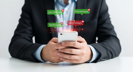 A businessman in a suit interacts with a smartphone, displaying notifications of new messages.