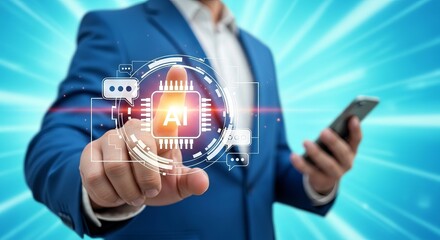 A businessman in a blue suit interacts with an AI interface using a smartphone, set against a vibrant tech-themed background.