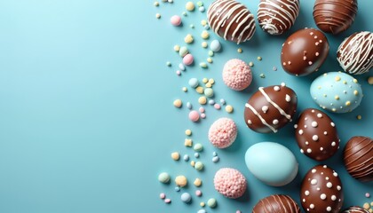 Chocolate Easter eggs and colorful candies scattered on light blue background. Festive assortment of sweet treats for spring holiday celebration. Copy space for text design.