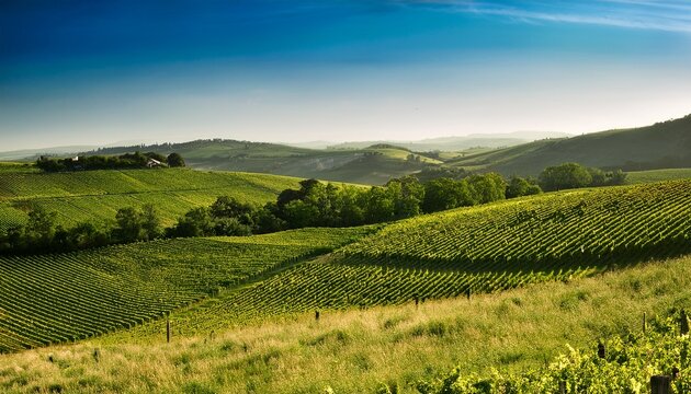 a peaceful rural landscape in the countryside with rolling hills vineyards