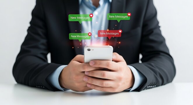 A businessman in a suit interacts with a smartphone, displaying notifications of new messages. - Powered by Adobe