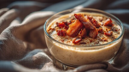 Minimalist creamy soup with crispy bacon in clear glass bowl on textured fabric, ideal for comfort food, restaurant menus, or culinary marketing