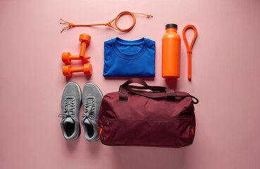Sports equipment, gym bag on pink background. Dumbbells, jump rope, sneakers, water bottle, blue t-shirt, sport bag. Fitness, exercise essentials laid out in flat lay arrangement. Activewear,