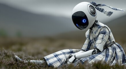 Humanoid robot in plaid dress and tartan ribbon sits on grassy field, blending advanced technology with Scottish cultural fashion in outdoor setting
