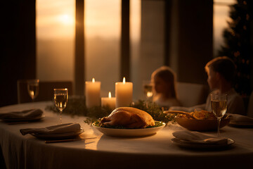 christmas dinner scene, christmas eve a big family gathering around a feast-filled dining table with lit candles, a roast meal, and children peeking in, a heartwarming holiday scene