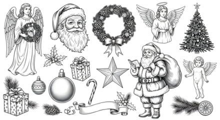 Collection of handdrawn christmas elements including santa claus, angels, christmas tree, gifts, and ornaments