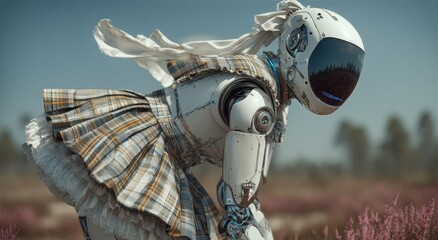Retro-inspired humanoid android in plaid skirt and vintage blouse stands outdoors, blending futuristic technology with nostalgic fashion in natural setting