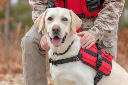 Service dog training session featuring a Labrador retriever wearing a red vest, with a handler gently interacting, showcasing the bond and teamwork in canine assistance training