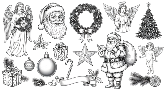 Collection of handdrawn christmas elements including santa claus, angels, christmas tree, gifts, and ornaments