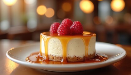 Mini cheesecake topped with fresh raspberries and sweet caramel sauce, presented on a white plate in a warm cafe setting. This delicious dessert is perfect for any sweet treat.